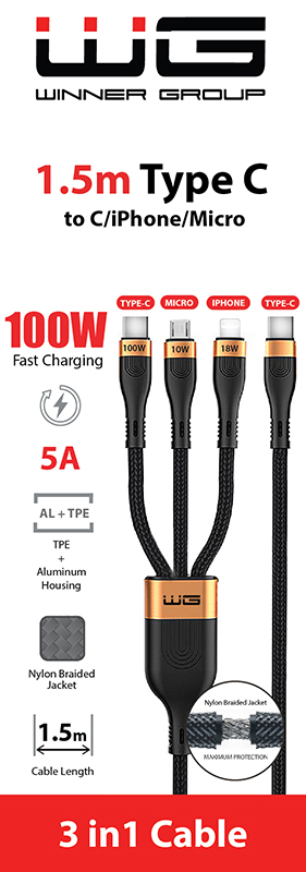 Datový kabel type-C_type-C/Lightning/micro, 5 A, černý, 150 cm