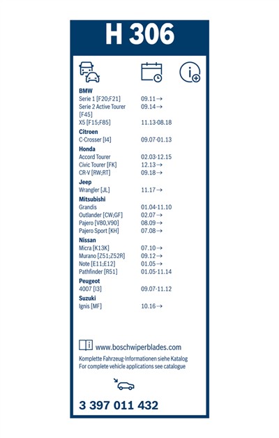 BOSCH 3 397 011 432 Číslo výrobce: H 306. EAN: 4047024867017.
