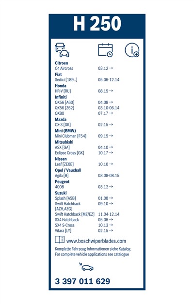 BOSCH 3 397 011 629 Číslo výrobce: H 250. EAN: 4047025104098.