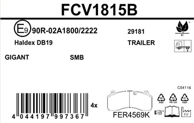 FERODO FCV1815B Číslo výrobce: 29147. EAN: 4044197997367.
