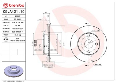 BREMBO 09.A421.10 EAN: 8020584016275.