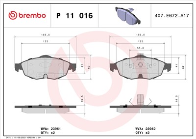 BREMBO P 11 016 Číslo výrobce: 23952. EAN: 8020584050538.