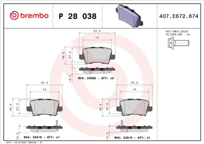 BREMBO P 28 038 Číslo výrobce: 24086. EAN: 8020584059517.