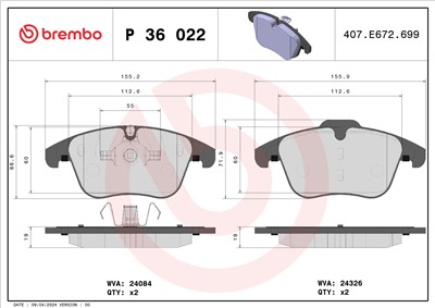 BREMBO P 36 022 Číslo výrobce: 24326. EAN: 8020584060889.
