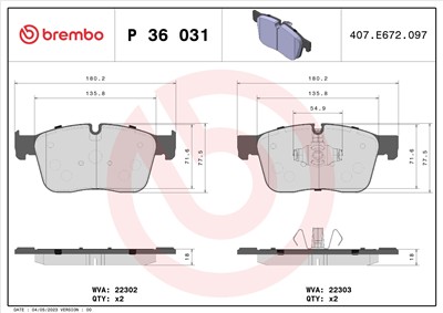 BREMBO P 36 031 Číslo výrobce: 22302. EAN: 8020584103678.