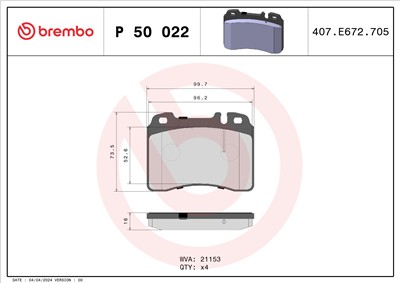 BREMBO P 50 022 Číslo výrobce: 21153. EAN: 8020584053942.