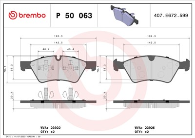 BREMBO P 50 063 Číslo výrobce: 23922. EAN: 8020584059593.