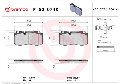 BREMBO P 50 074X Číslo výrobce: 23960. EAN: 8020584068977.