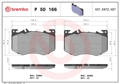 BREMBO P 50 166 Číslo výrobce: 22893. EAN: 8020584118573.