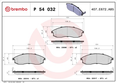BREMBO P 54 032 Číslo výrobce: 23086. EAN: 8020584054796.