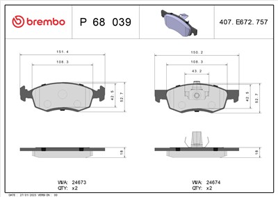 BREMBO P 68 039 Číslo výrobce: 24674. EAN: 8020584061909.
