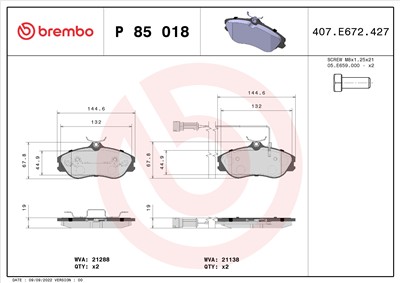 BREMBO P 85 018 Číslo výrobce: 21288. EAN: 8020584058213.