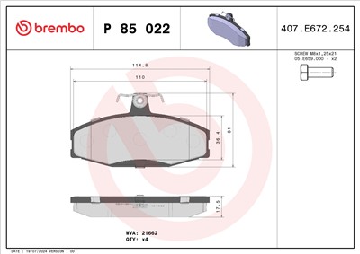 BREMBO P 85 022 Číslo výrobce: 21662. EAN: 8020584058251.