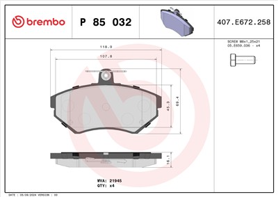 BREMBO P 85 032 Číslo výrobce: 21945. EAN: 8020584058350.