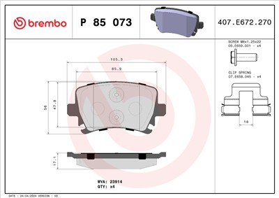 BREMBO P 85 073 Číslo výrobce: 23914. EAN: 8020584058763.