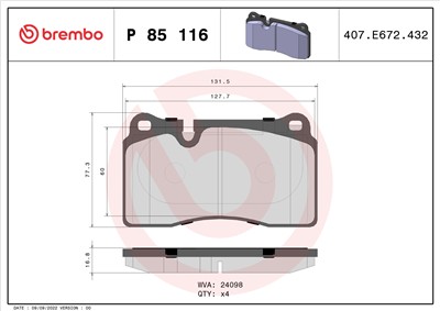 BREMBO P 85 116 Číslo výrobce: 24098. EAN: 8020584103890.