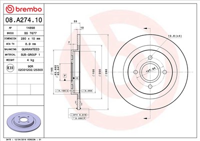 BREMBO 08.A274.10 EAN: 8020584014363.