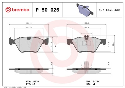 BREMBO P 50 026 Číslo výrobce: 21670. EAN: 8020584053980.