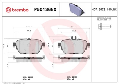 BREMBO P50136NX Číslo výrobce: 22437. EAN: 8020584131510.