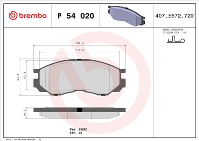 BREMBO P 54 020 Číslo výrobce: 23290. EAN: 8020584054673.