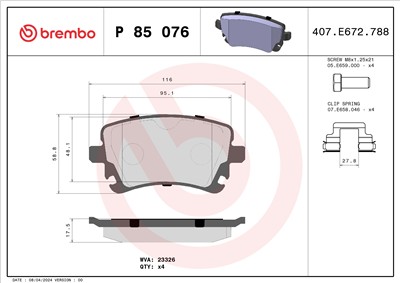 BREMBO P 85 076 Číslo výrobce: 23326. EAN: 8020584058794.